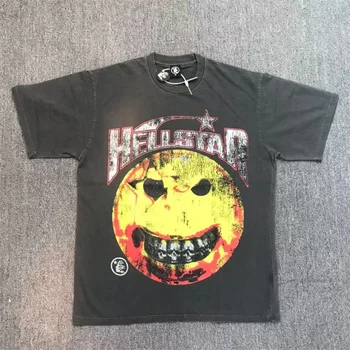 Hellstar Очень большие мужские и женские топы с короткими рукавами в стиле ретро с круглым лицом и буквенным принтом в стиле Хай-Стрит, короткая футболка