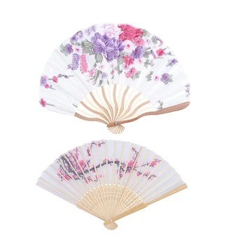 2 шт складных ручных вентилятора: 1 шт складной веер в японском стиле с цветочным принтом из бамбука и 1 шт складной веер из шелка в цвет сливы