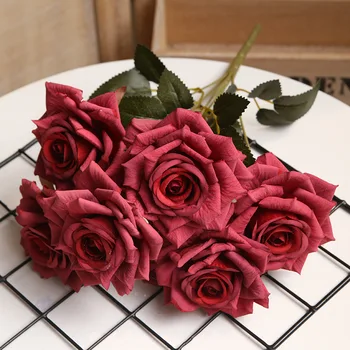 Имитация цветов, украшение дома, Цветочный букет из шелковых роз, искусственная Зелено-красная Многослойная роза, искусственное украшение сада