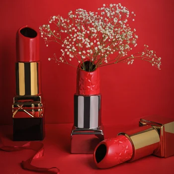 Креативная ваза в форме губной помады, Керамическая роскошная ваза для цветов, Резные золотые вазы, современные украшения для дома в гостиной, Креативные подарки