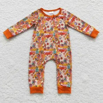 Оптовая продажа, комбинезон с длинными рукавами и застежкой-молнией для новорожденных девочек, детская одежда с цветочным рисунком, Оранжевый цельный комбинезон с цветочным рисунком для малышей